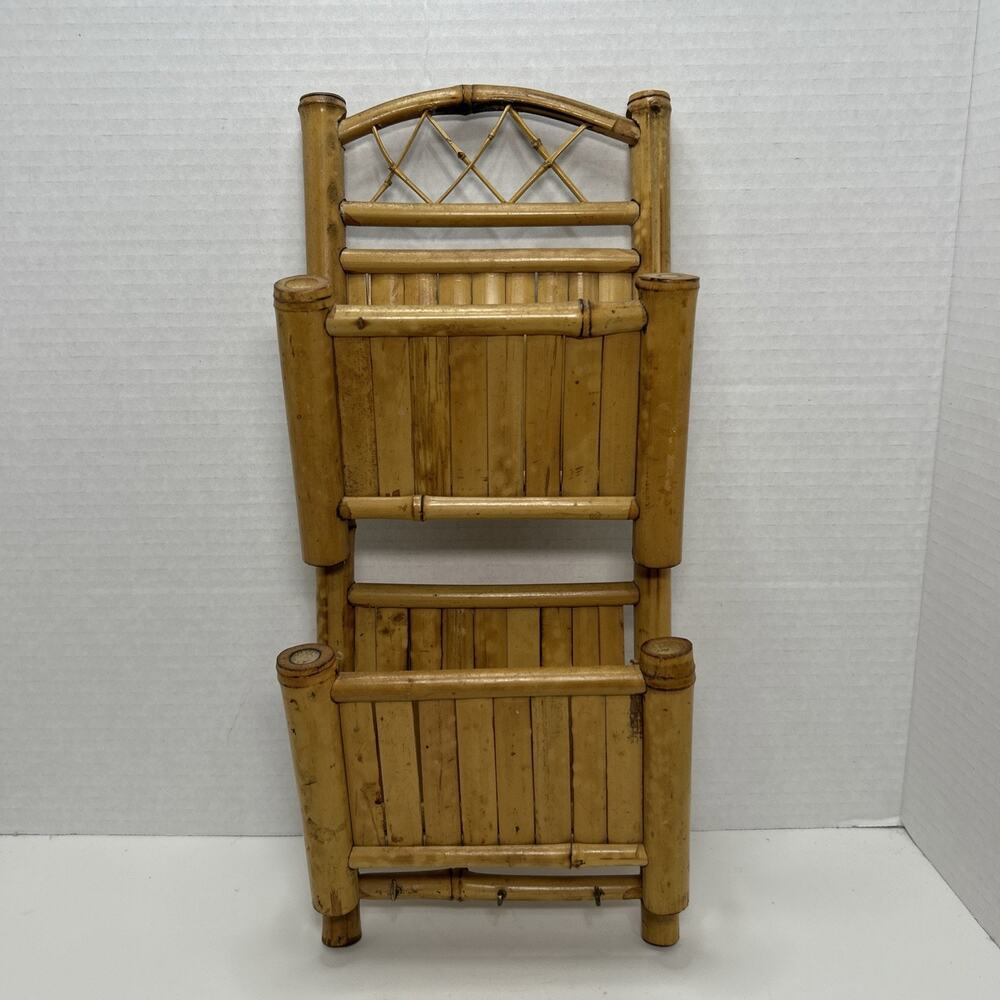 Vtg Natural Bamboo Rattan Mail Letter & Key Organizer Holder Wall Mounted Boho